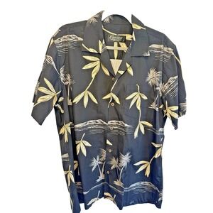Vintage Hawaiian Favant Shirt Mens Large Black Floral Tropical Beach Palm Tree